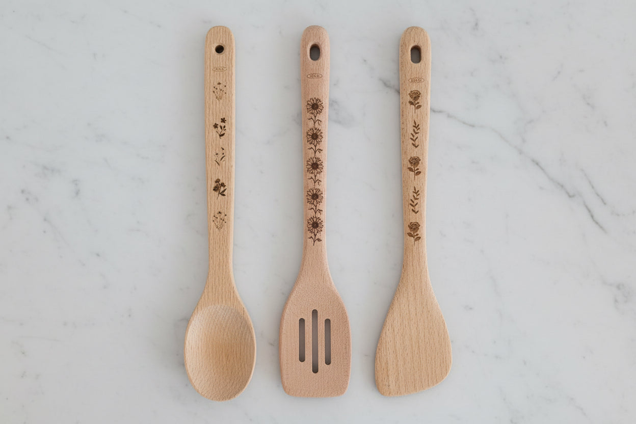 Floral Wooden Spoons - Set of 3 - 12.5" - 1700