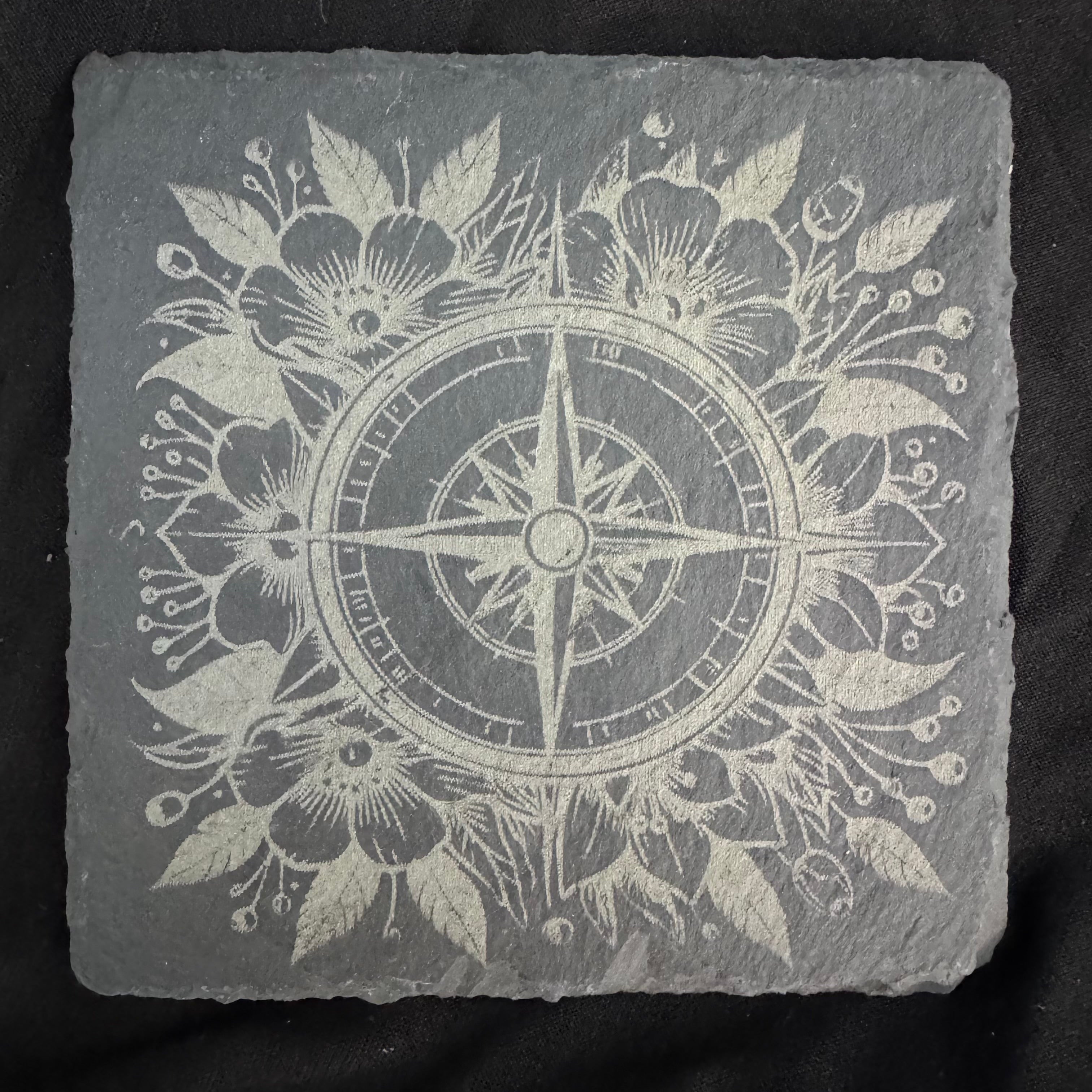 Floral Compass - Slate Coaster - 4x4 - 1806