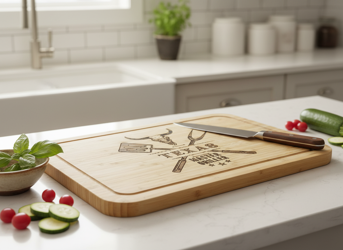 Texas Master Griller Bamboo Cutting Board in kitchen setting